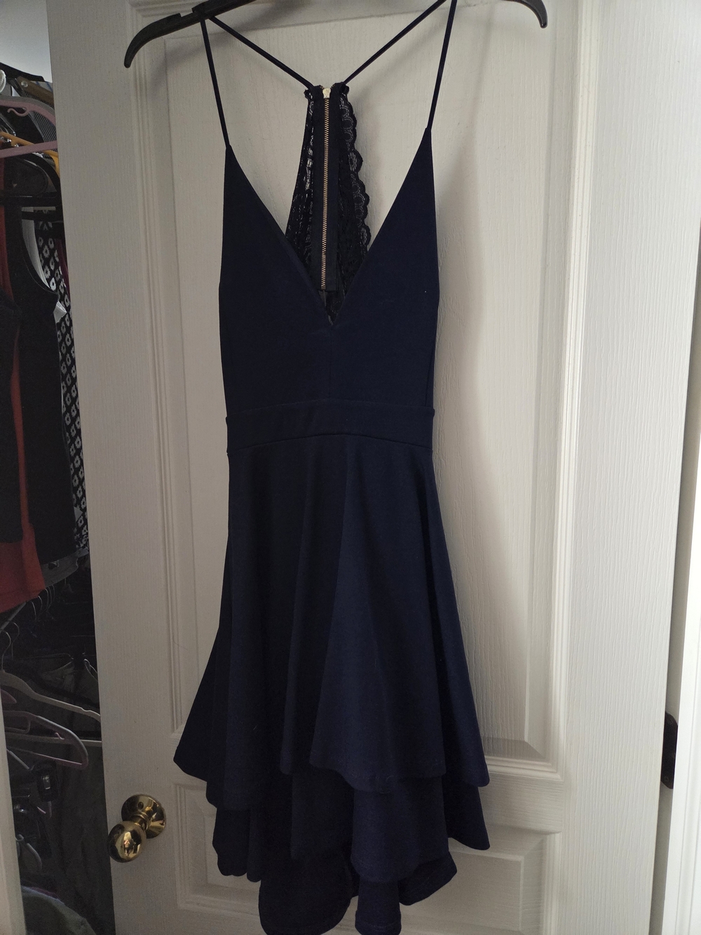 Windsor Navy Lace-Back High-Low V-Neck Dress
